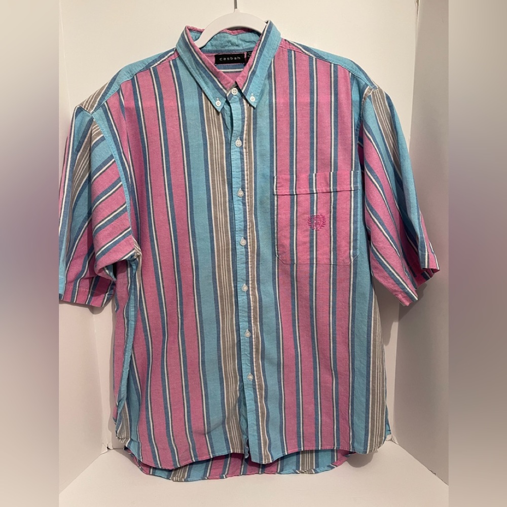 Casbah Button Up Men’s Short Sleeve Stripe Dress/Casual Shirt Size XL Pink/Blue